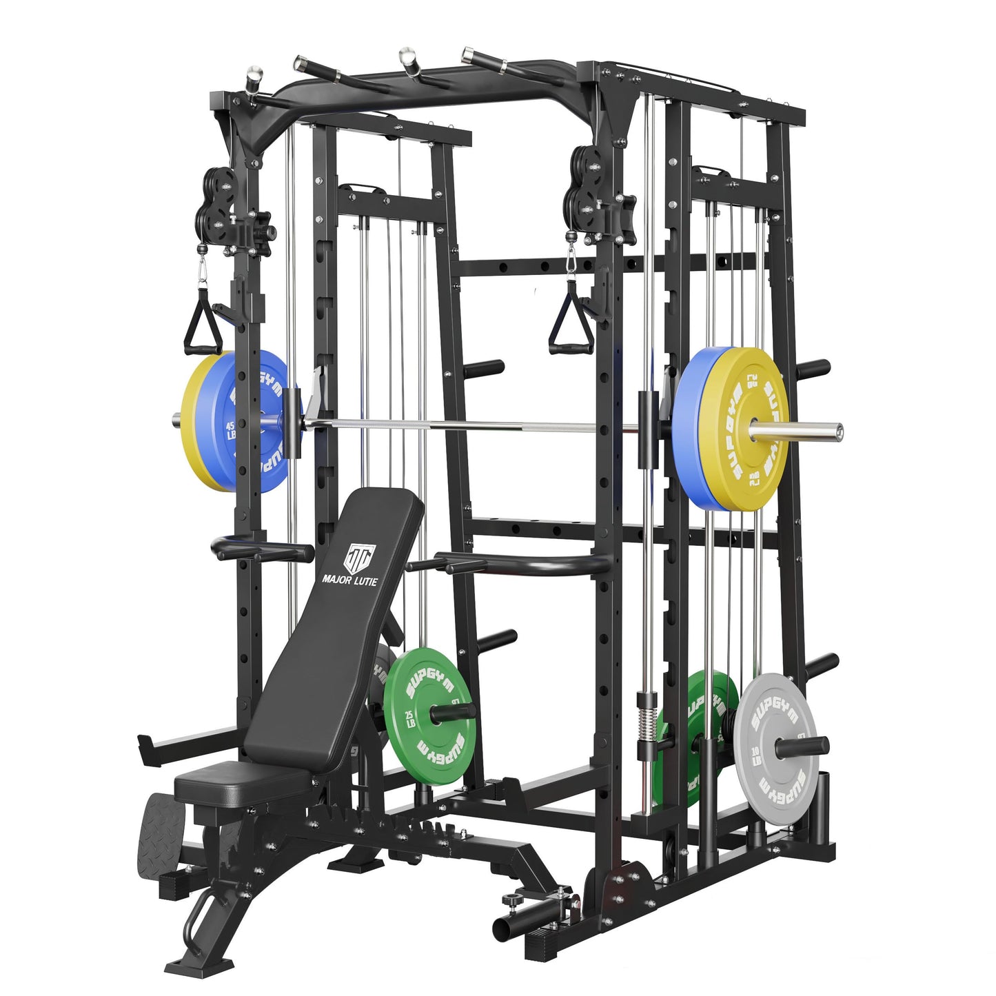 MAJOR LUTIE Fitness Smith Machine with Weight Bench and 230LBS Olympic Plates, SML07 All-In-One Home Gym Black Power Cage with Smith Bar and Two LAT Pull-Down Systems and Cable Crossover Machine Black