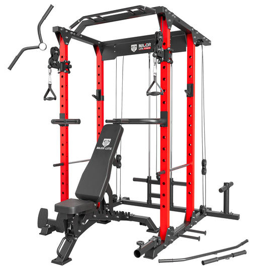 MAJOR LUTIE Fitness Power Cage with Weight Bench, PLM03 All-in-One 1400 lbs Capacity Multi-Function Power Rack with Adjustable Cable Crossover System and More Attachment 2023 Version (Red)