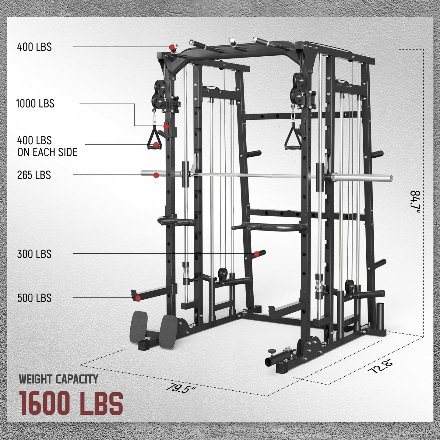 MAJOR LUTIE Fitness Smith Machine with Weight Bench and 230LBS Olympic Plates, SML07 All-In-One Home Gym Black Power Cage with Smith Bar and Two LAT Pull-Down Systems and Cable Crossover Machine Black