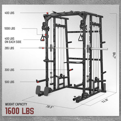 MAJOR LUTIE Fitness Smith Machine with Weight Bench and 230LBS Olympic Plates, SML07 All-In-One Home Gym Black Power Cage with Smith Bar and Two LAT Pull-Down Systems and Cable Crossover Machine Black