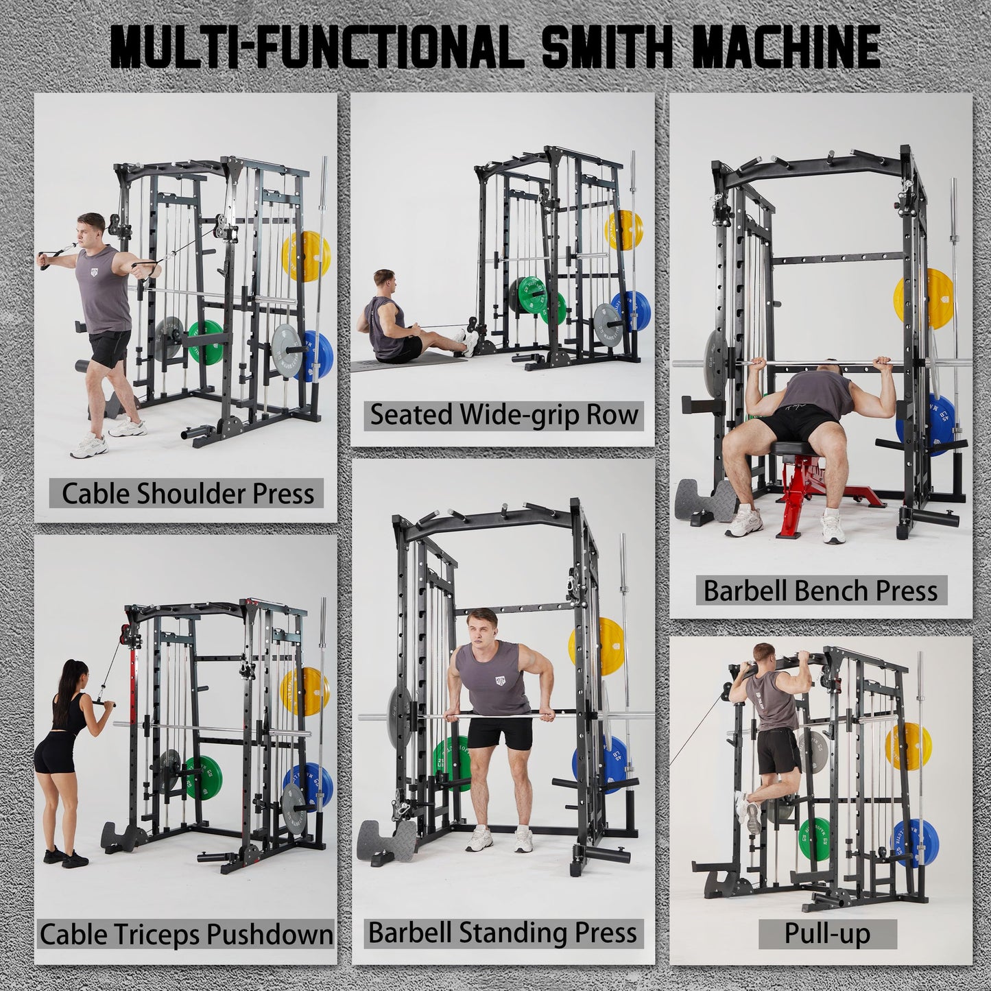 MAJOR LUTIE Fitness Smith Machine with Weight Bench and 230LBS Olympic Plates, SML07 All-In-One Home Gym Black Power Cage with Smith Bar and Two LAT Pull-Down Systems and Cable Crossover Machine Black