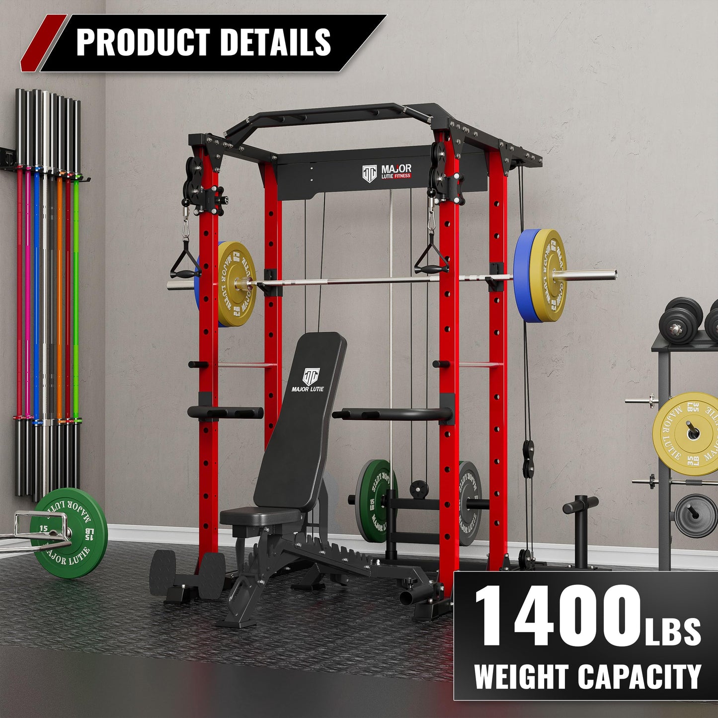 MAJOR LUTIE Fitness Power Cage with Weight Bench, PLM03 All-in-One 1400 lbs Capacity Multi-Function Power Rack with Adjustable Cable Crossover System and More Attachment 2023 Version (Red)