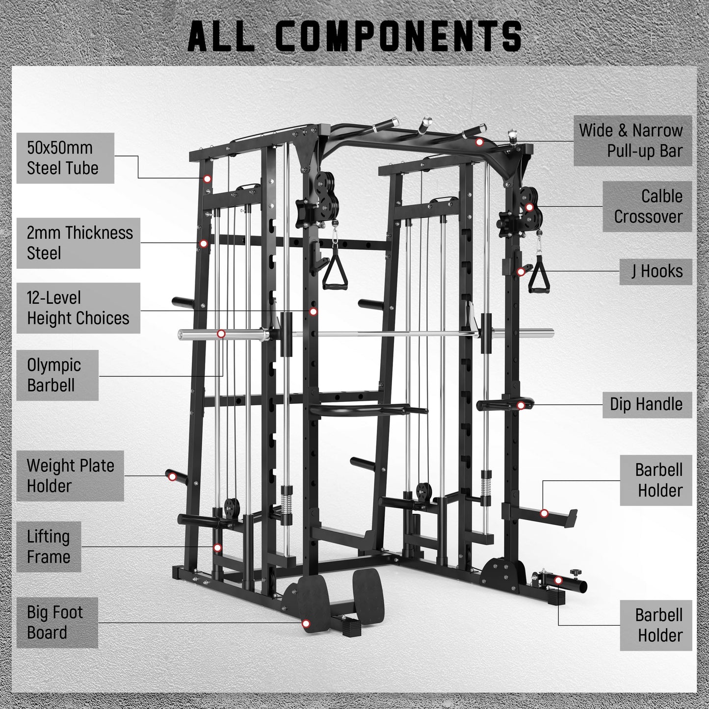 MAJOR LUTIE Fitness Smith Machine with Weight Bench and 230LBS Olympic Plates, SML07 All-In-One Home Gym Black Power Cage with Smith Bar and Two LAT Pull-Down Systems and Cable Crossover Machine Black