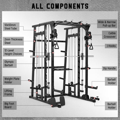 MAJOR LUTIE Fitness Smith Machine with Weight Bench and 230LBS Olympic Plates, SML07 All-In-One Home Gym Black Power Cage with Smith Bar and Two LAT Pull-Down Systems and Cable Crossover Machine Black